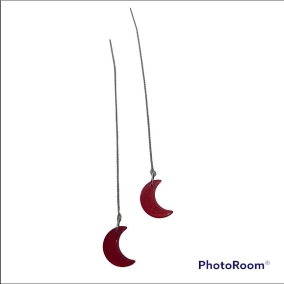 Red glitter crescent moon threader earrings goth gothic boho witch new goth - Picture 3 of 4